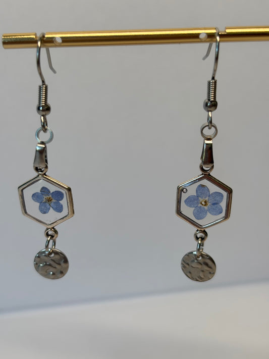 Blue forget me not earrings with silver disc