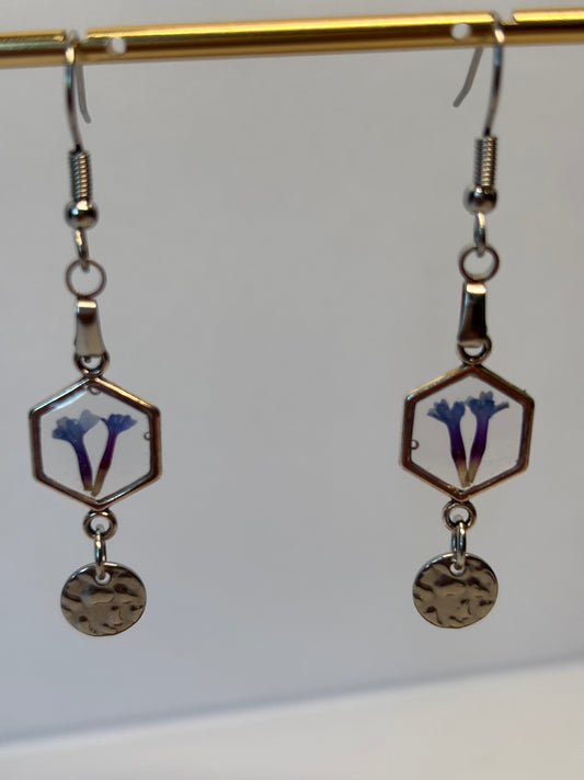Blue verbena petal earrings with silver disc